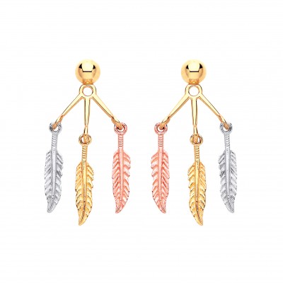 9ct Three Colour Gold Feather Drop Earrings
