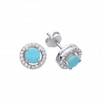 Silver Turquoise and White Cubic Zirconia Stud Earrings