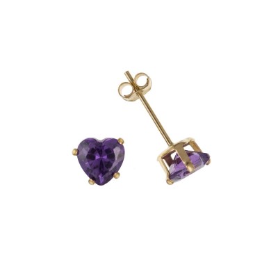 9ct Gold Heart Amethyst Cubic Zirconia Stud Earrings