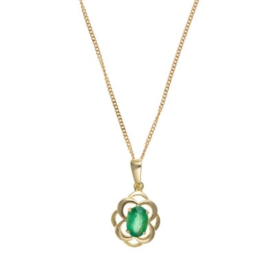 9ct Gold Oval Emerald Pendant And 18'' Curb Chain