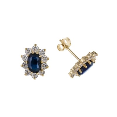 9ct Gold Oval Sapphire And Cubic Zirconia Stud Earrings