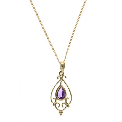9ct Gold Victorian Style Amethyst Pendant And 18'' Curb Chain