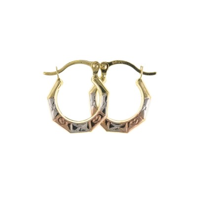 9ct Three Colour Gold Hexagonal Creole Earrings