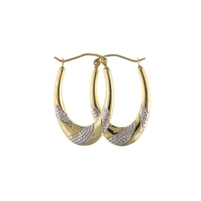 9ct Two Colour Gold Textured Oval Creole Earrings