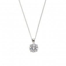 9ct White Gold 6mm White Cubic Zirconia Pendant And 18'' Curb Cha