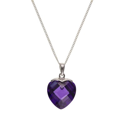 Silver Amethyst Cubic Zirconia Heart Pendant And 16'' Curb Chain