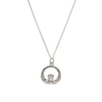 Silver Claddagh Pendant And 16'' Curb Chain