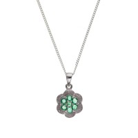 Silver Emerald And Diamond Cluster Pendant And 16'' Curb Chain