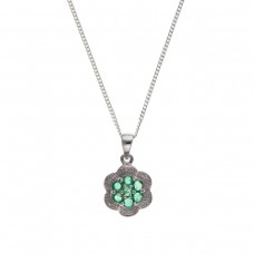 Silver Emerald And Diamond Cluster Pendant And 16'' Curb Chain