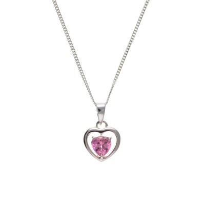 Silver Pink Cubic Zirconia Heart Pendant And 16'' Curb Chain 3.30gms