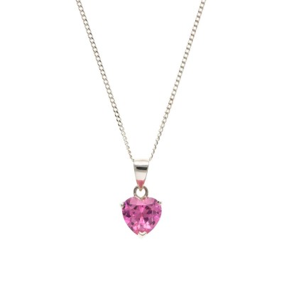Silver Pink Cubic Zirconia Heart Pendant And 16'' Curb Chain 2.68gms