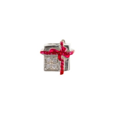 Silver Red Enamelled With White Cubic Zirconia Giftbox Bracelet Bead