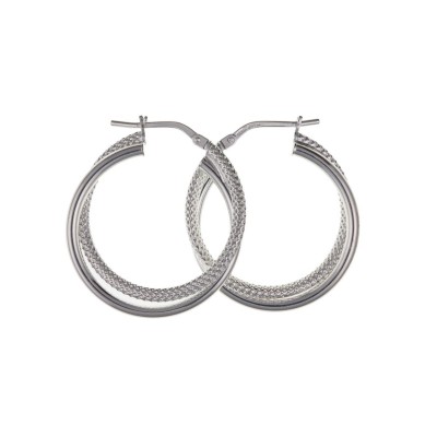 Silver Round Textured/Plain Double Creole Earrings