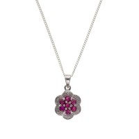Silver Ruby And Diamond Cluster Pendant And 16'' Curb Chain