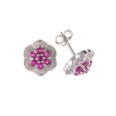 Silver Ruby And Diamond Cluster Stud Earrings