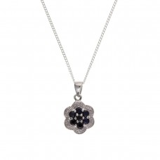 Silver Sapphire And Diamond Cluster Pendant And 16'' Curb Chain