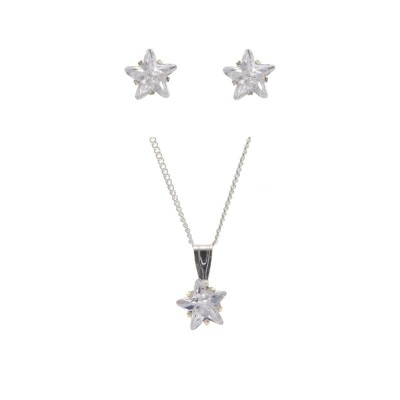 Silver White Cubic Zirconia Star Earring And Pendant Set With 16" Curb Chain