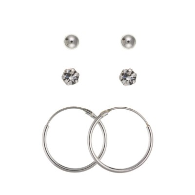 Silver Trio Earrings Set- Ball, White Crystal And Hoop