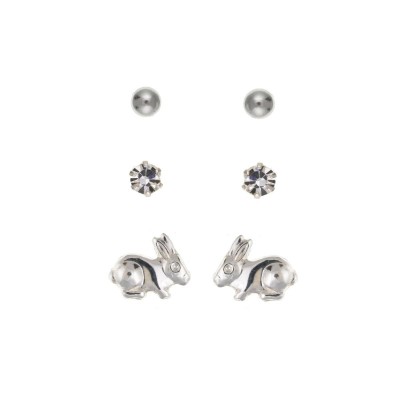 Silver Trio Stud Earrings Set- Ball, White Crystal And Bunny Studs