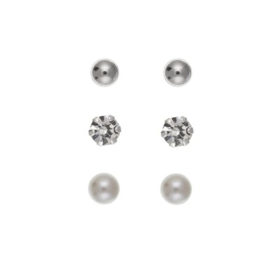 Silver Trio Stud Earrings Set- Ball, White Crystal And Simulated Pearl Studs