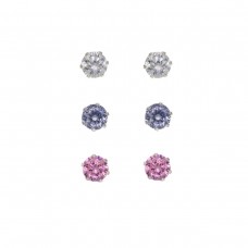 Silver Trio Stud Earrings Set- White, Pink And Lavender Cubic Zirconia