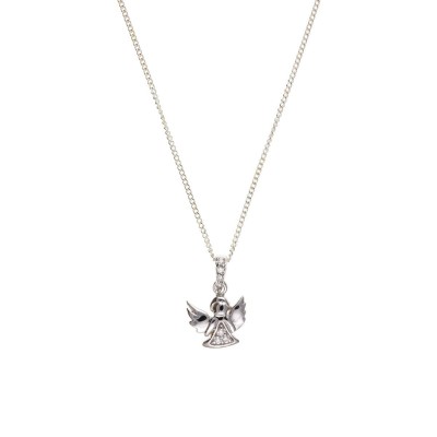 Silver White Cubic Zirconia Angel Pendant And 16'' Curb Chain