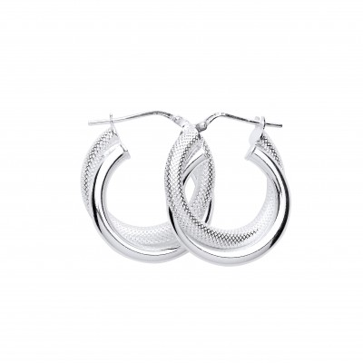 Silver 15mm Textured/Plain Double Creole Earrings