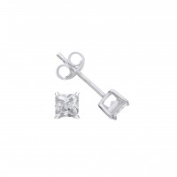 Silver 4mm Square White Cubic Zirconia Stud Earrings