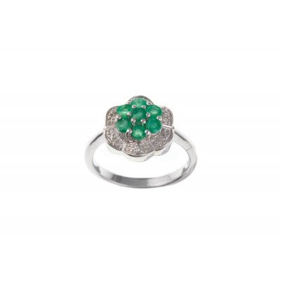 Silver Emerald and Diamond Cluster Ring