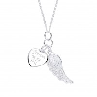 Silver "Forever By My Side" Heart & Crystal Wing Pendant and 16" Adjustable Curb Chain