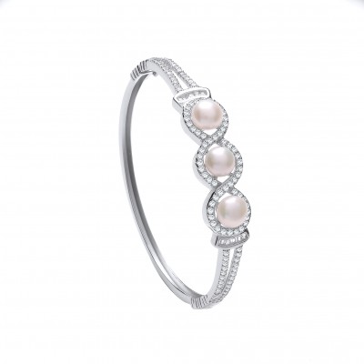 Silver Freshwater Cultured Pearl & White Cubic Zirconia Hinged Bangle