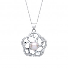 Silver Freshwater Cultured Pearl & White Cubic Zirconia Pendant and 16" Adjustable Curb Chain