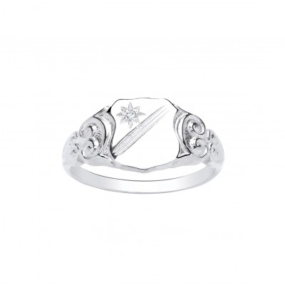 Silver Gents White Cubic Zirconia Shield Signet Ring