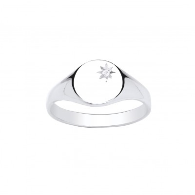 Silver Ladies Diamond Set Oval Signet Ring