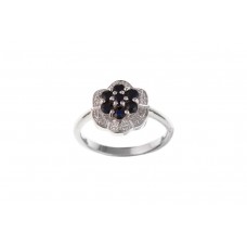 Silver Sapphire and Diamond Cluster Ring