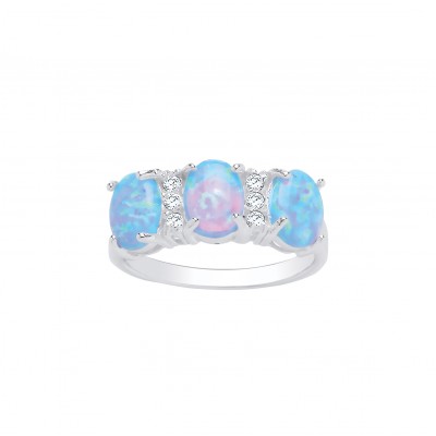 Silver Blue Synthetic Opal and White Cubic Zirconia Ring 2.45gms