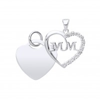 Silver White Cubic Zirconia Double Heart  "Mum" Pendant 