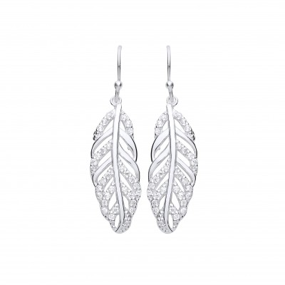Silver White Cubic Zirconia Feather Drop Earrings