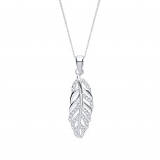 Silver White Cubic Zirconia Feather Pendant and 16" Adjustable Curb Chain