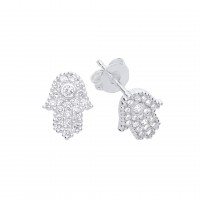 Silver White Cubic Zirconia Hamsa Stud Earrings