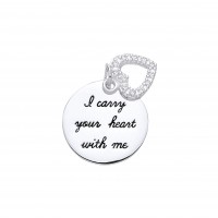Silver White Cubic Zirconia Heart and Disc Message Pendant