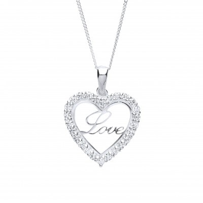Silver White Cubic Zirconia "LOVE" Heart Pendant and 16" Adjustable Curb Chain