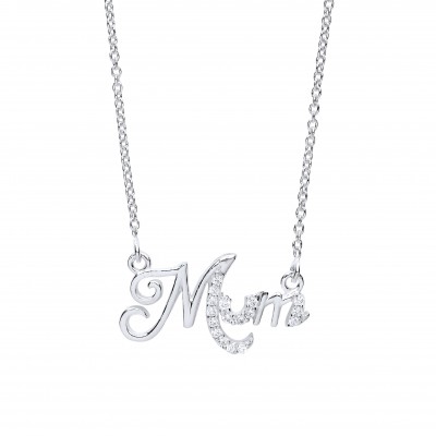 Silver White Cubic Zirconia "Mum" Pendant and 18" Trace Chain