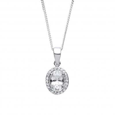 Silver White Cubic Zirconia Oval Halo Pendant and 16" Adjustable Curb Chain