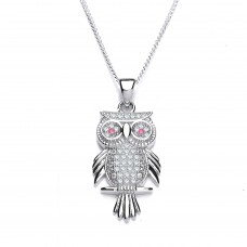 Silver Micro Pave Cubic Zirconia Owl Pendant And 16" Curb Chain