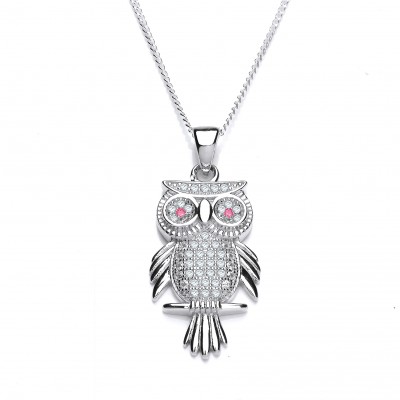 Silver Micro Pave Cubic Zirconia Owl Pendant And 16" Curb Chain